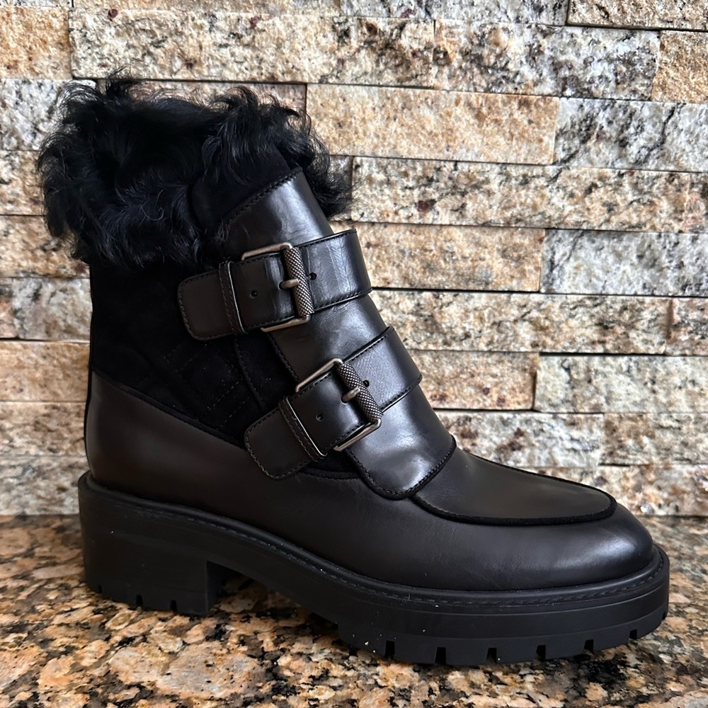 Aquazurra Ryan Lug-Sole Shearling Buckle Boot